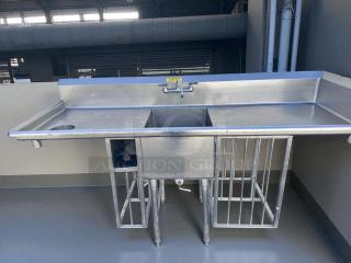 Excellent Condition – Custom Stainless Steel Sink Station – 84" Wide w/ Faucet & Side Racks – Fully Tested & Working!