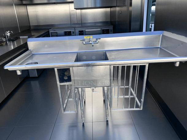 Excellent Condition – Custom Stainless Steel Sink Station – 84" Wide w/ Faucet & Side Racks – Fully Tested & Working! - Image 3 of 7