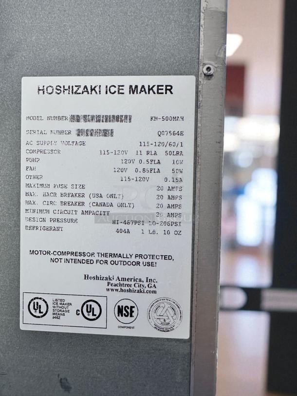 Hoshizaki KM-500MAH ice maker label detailing model info, specs, and certifications. Excellent condition, 115V, fully tested.