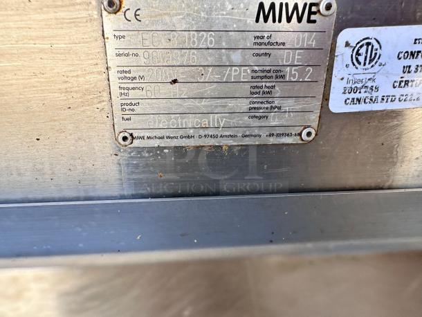 MIWE EC 8.1826 label showing model, serial number 9610976, 208V, 15.2kW, made in Germany.