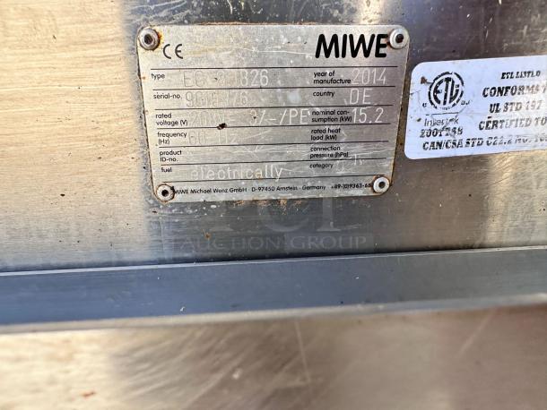 MIWE EC 8.1826 electric convection oven label, indicating 208V, made in 2014, with certification markings.