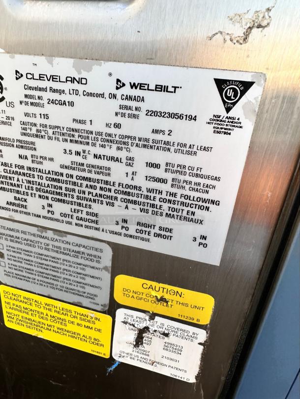 Cleveland 24CGA10 double compartment gas steamer, natural gas, excellent condition, labeled and fully tested, Model No. 24CGA10.