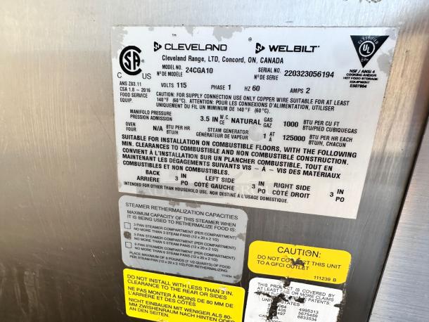 Cleveland 24CGA10 gas steamer, excellent condition, fully tested. Features include dual compartments. Model and safety labels visible.