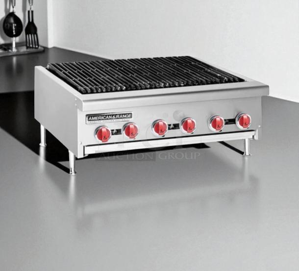 Brand new American Range AERB-36 charbroiler, 36" natural gas, with legs. Factory sealed, features red control knobs.