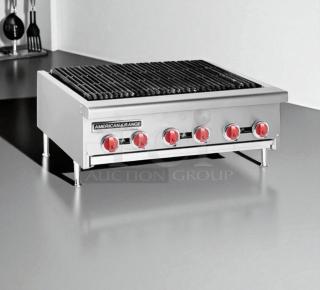 Brand new American Range AERB-36 charbroiler, 36" natural gas, with legs. Factory sealed, features red control knobs.