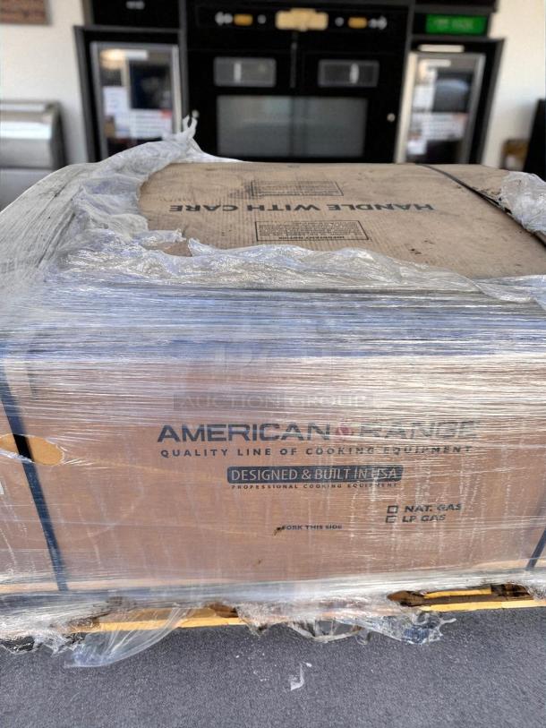 Factory sealed American Range AERB-36, 36" economy radiant charbroiler. Natural gas. Box labeled "Handle with Care."