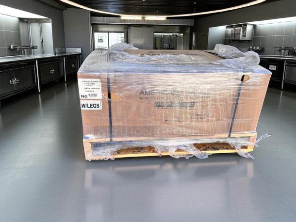 Brand new American Range AERB-36 charbroiler, factory sealed with natural gas setup and legs, in original packaging.