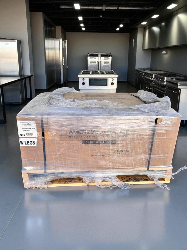 Brand new American Range AERB-36 radiant charbroiler in sealed box; 36-inch, natural gas, with legs, factory sealed packaging.
