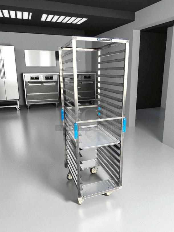 Aluminum Lakeside 20-Pan End Load Sheet Pan Rack in excellent condition, fully tested, with visible Lakeside branding.