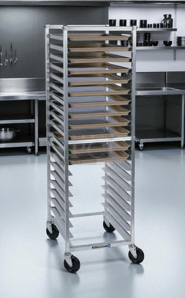 Lakeside 20-pan end load sheet pan rack, aluminum, excellent condition, fully tested, visible brand label on base.