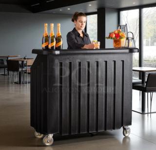Cambro BAR540DS portable bar in excellent condition, black with ice sink and storage, on casters, shown in use.