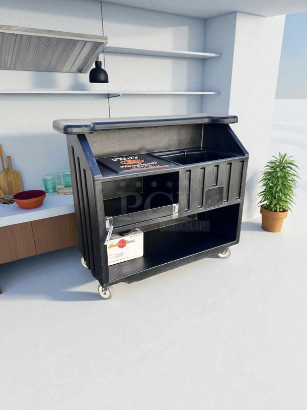 Cambro BAR540DS portable bar, black, with ice sink and storage; excellent condition, fully tested, on casters. Ideal for events.