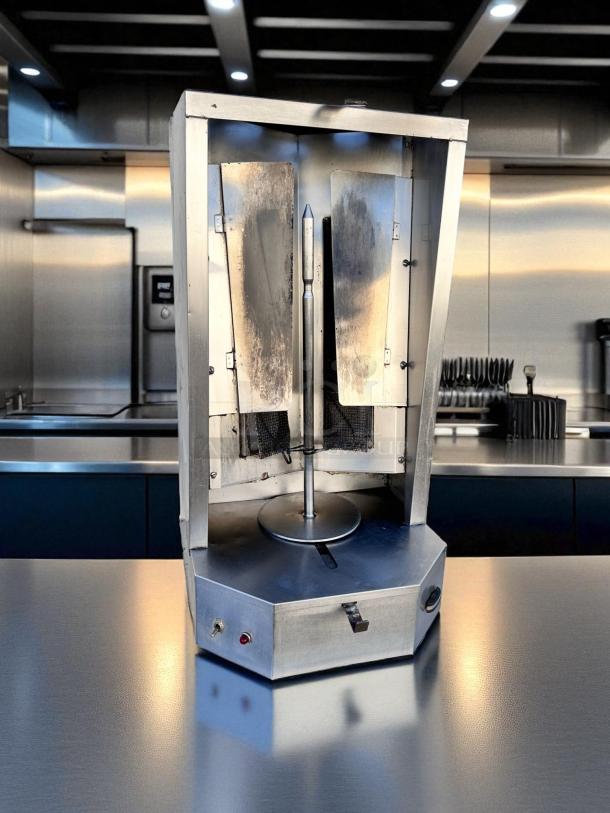 Autodoner 3PG vertical broiler shawarma machine, natural gas, excellent condition, fully tested, stainless steel finish.