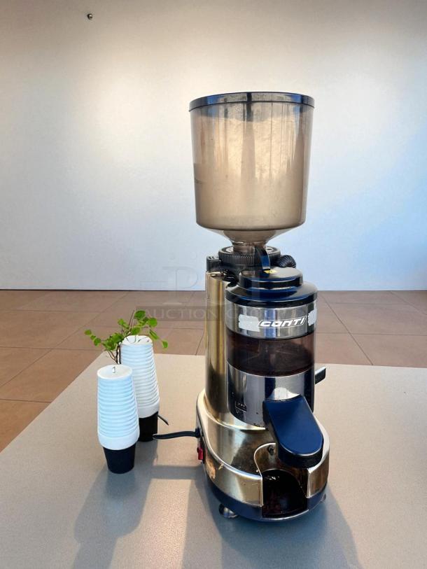Conti RR45 commercial coffee grinder in excellent condition, fully tested, 110V, with clear hopper and Conti logo.