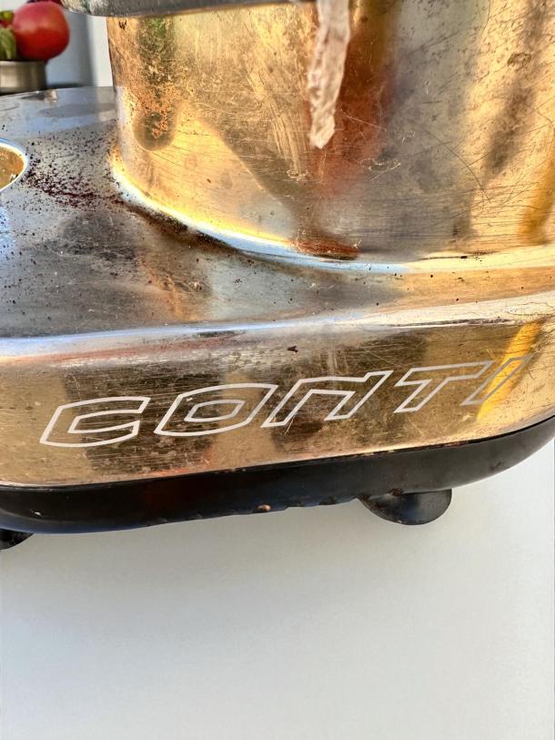 Conti RR45 commercial coffee grinder shown, excellent condition, 110V, fully tested. Visible branding indicates quality.
