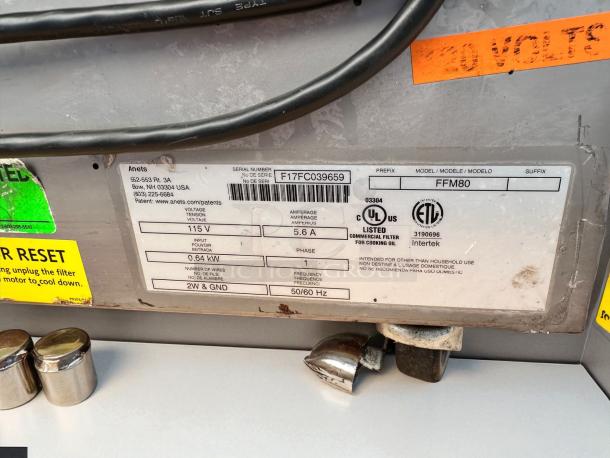 Anets FFM80 commercial fryer filter machine with label, 115V, excellent condition, fully tested and working.