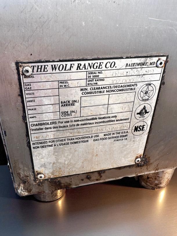 Wolf ACB36-101 36" gas charbroiler label, natural gas, 102,000 BTU/hr, made in USA, NSF certified, outstanding condition.