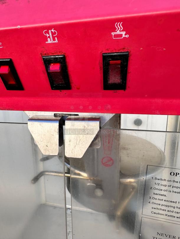 Vintage style commercial popcorn machine, excellent condition, fully tested and working, with visible operation instructions.