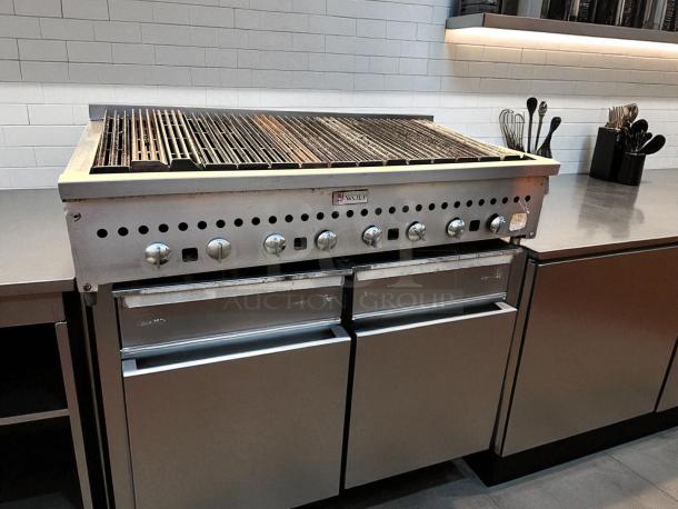 "Wolf Radiant Charbroiler, 48-inch gas countertop grill, excellent condition, stainless steel, fully tested and working."