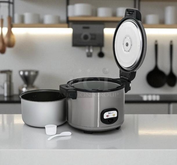 Brand new Narita NRC-1160 60-cup commercial rice cooker, stainless steel, 120V, ETL certified, with accessories.