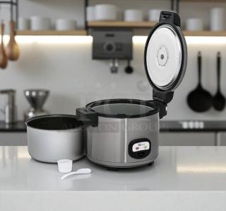 Brand new Narita NRC-1160 60-cup commercial rice cooker, stainless steel, 120V, ETL certified, with accessories.