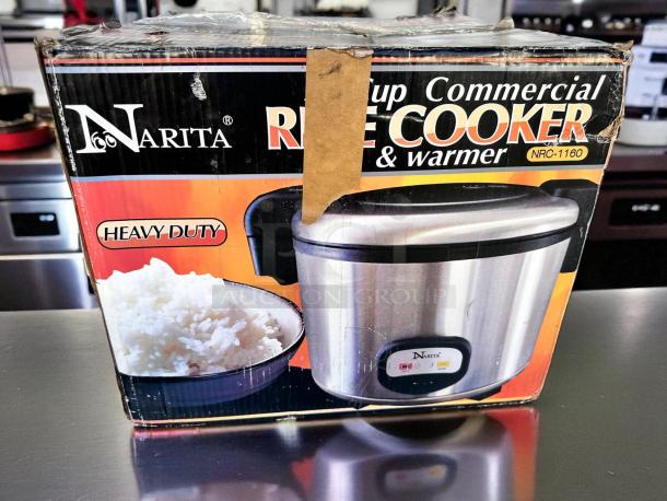 Brand new Narita NRC-1160 rice cooker, 60-cup capacity, heavy-duty, ETL certified, 120V, in original packaging.
