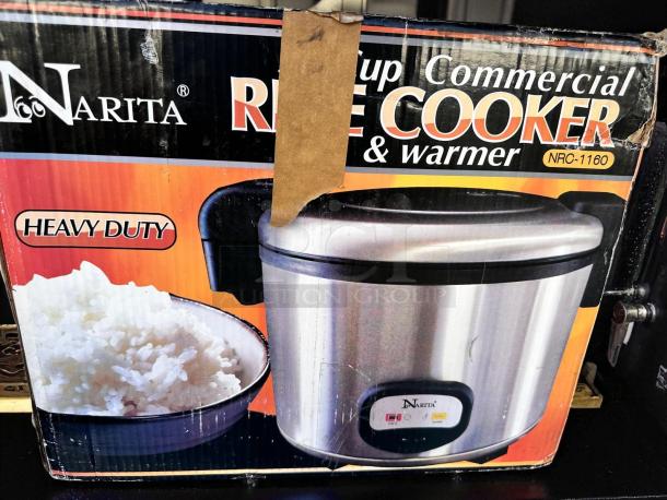 Brand new Narita NRC-1160 commercial rice cooker, 60-cup capacity, heavy-duty, 120V, ETL certified, in original packaging.