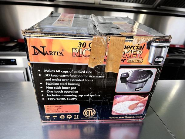 Brand new Narita NRC-1160 60-cup commercial rice cooker & warmer box, ETL certified, 120V, features stainless steel housing.