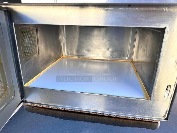 Amana RCS10TS commercial microwave, heavy-duty stainless steel, interior view open door, great condition, fully tested.