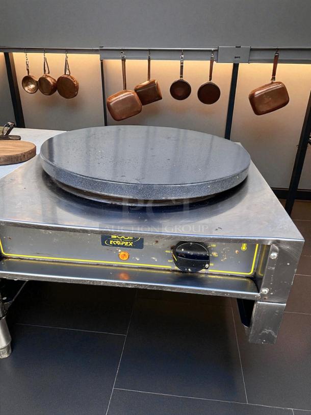 EquipEx 400E electric crepe maker, excellent condition, 15" cast iron plate, fully tested and working, temperature dial visible.