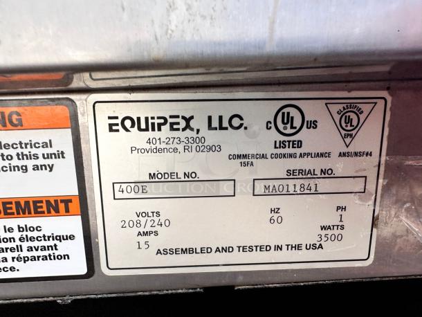 EquipEx 400E electric crepe maker label, showing model info, 15" cast iron plate, 3500 watts, UL listed, excellent condition.