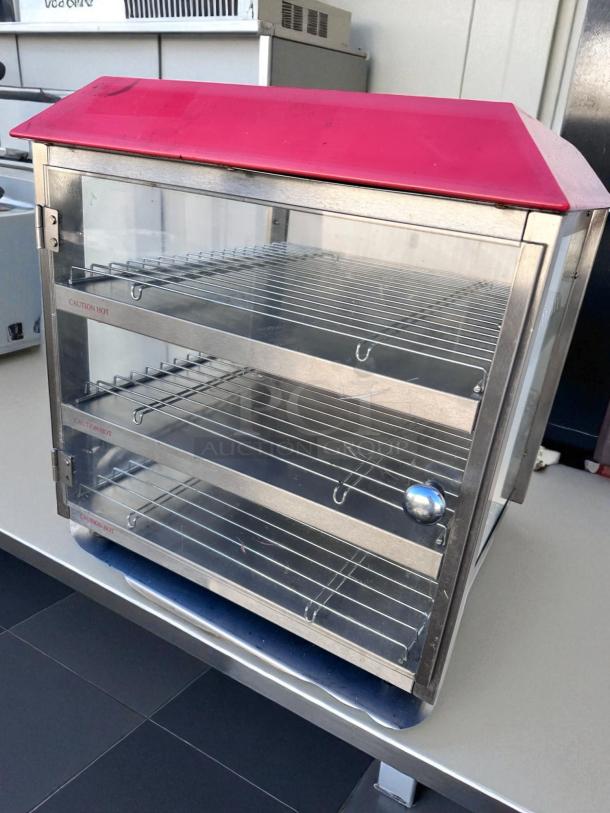Fusion 513FC countertop food warmer display cabinet, excellent condition, stainless steel with red top, three shelves, 120V, fully tested.