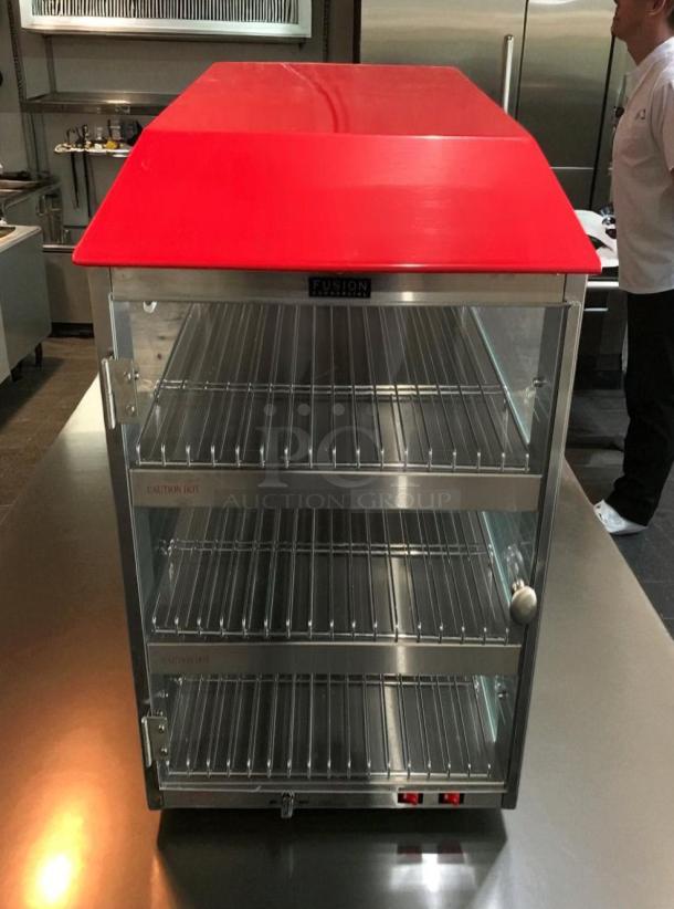 Fusion 513FC countertop food warmer display cabinet, excellent condition, tested, red top, 120V, stainless steel shelves.