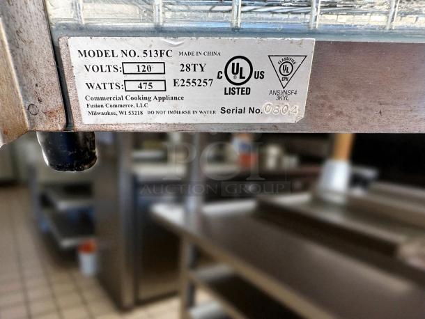 Fusion 513FC Food Warmer Display Cabinet, excellent condition, 120V, 475W, fully tested, model plate visible, UL listed.