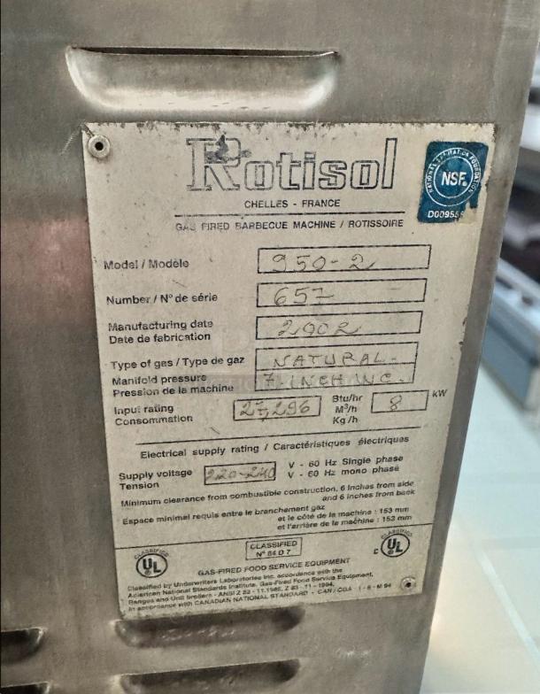 Rotisol 950-2 gas rotisserie oven label. Natural gas, input rating 25,296, excellent condition. Fully tested.