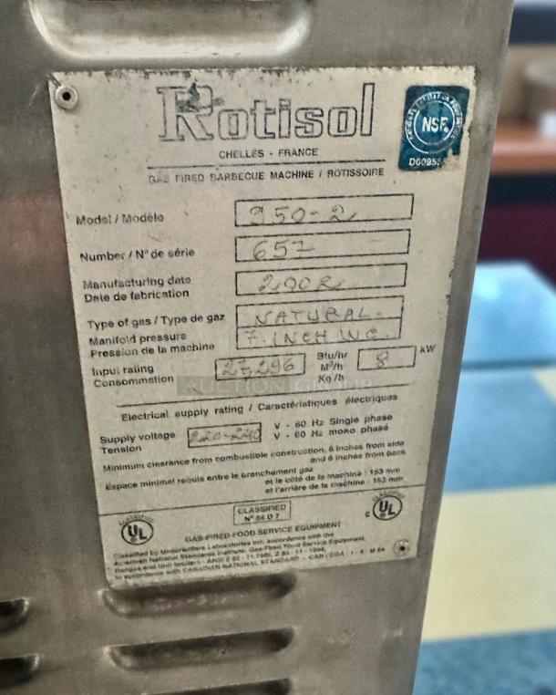Rotisol 950-2 gas rotisserie oven, excellent condition, natural gas, fully tested, model and specs label visible.