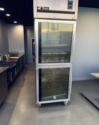 True TR1R-2HG reach-in refrigerator with glass doors, excellent condition, fully tested, 115V, commercial use, stainless steel.