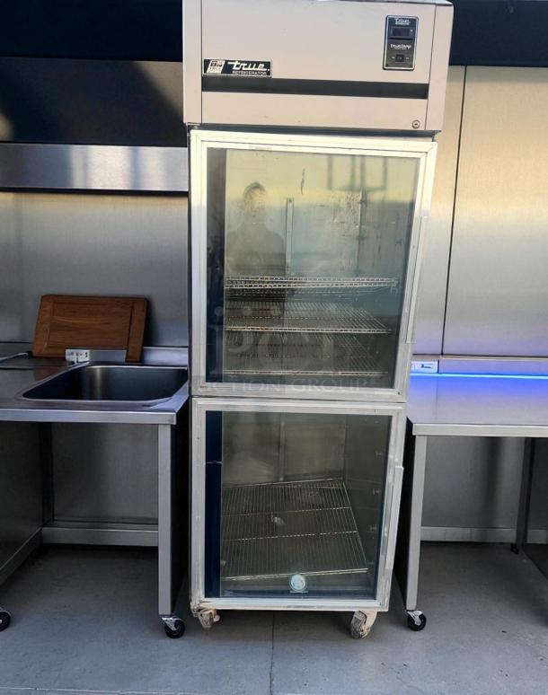 True TR1R-2HG reach-in refrigerator, single section, glass doors, excellent condition, 115V, fully tested, stainless steel exterior.
