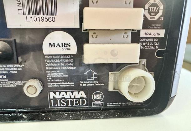 Mars Drinks Flavia Creation 500 coffee machine back panel with model details and certifications, in excellent condition.