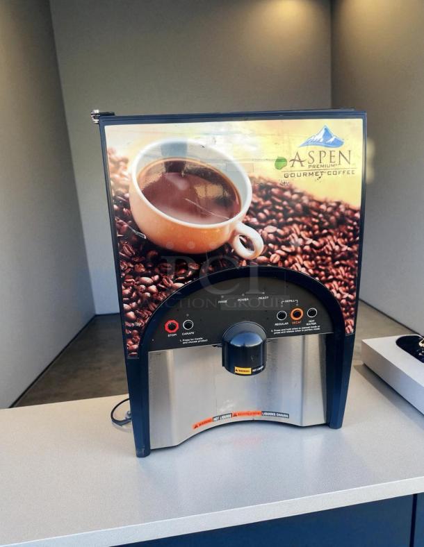 BUNN LCA-2 LP Aspen Premium Coffee Dispenser in excellent condition, fully tested, stainless steel finish, and coffee graphics.