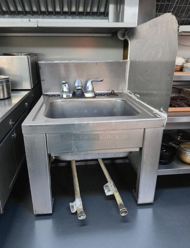 Stainless steel drop-in hand sink with dual-handle faucet, 18.5"x17.5"x18.5", excellent condition, ready to use.
