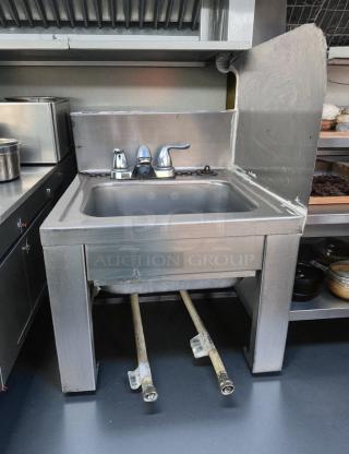 Stainless steel drop-in hand sink with dual-handle faucet, 18.5"x17.5"x18.5", excellent condition, ready to use.