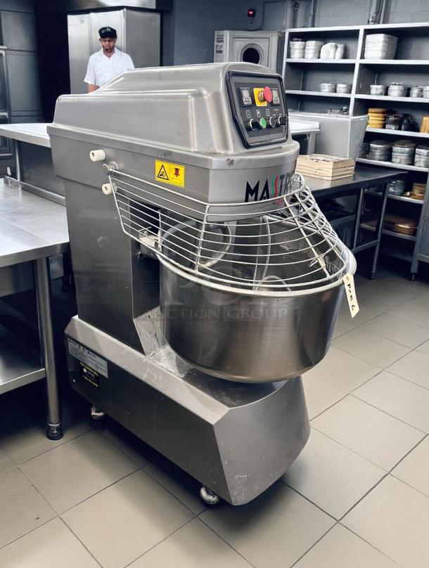 Masstro IRIS-060 60 Qt Spiral Dough Mixer, excellent condition, tested & working, 208V 3Ph; control panel and safety label visible.