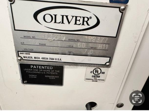 Oliver 702N front load bread slicer, excellent condition, fully tested, 115V, UL listed; serial 988377, patented.