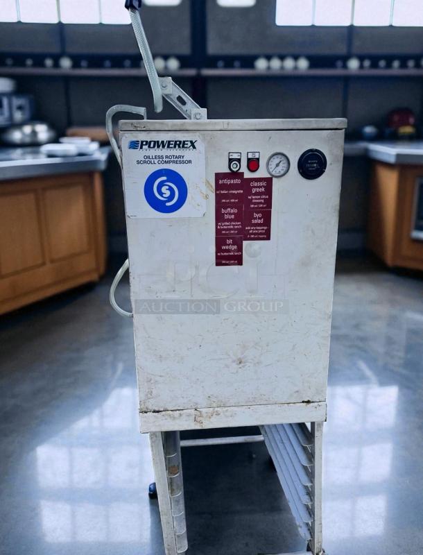 Powerex SF030824BP air compressor with HPR5-10 dryer, 13-gal tank, excellent condition, fully tested. Visible labels and gauge.