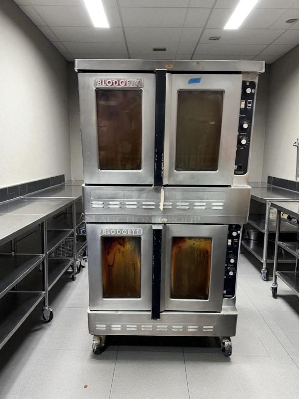 Blodgett DFG-200 double stack gas convection oven, excellent condition, natural gas, tested and working, in a commercial kitchen.