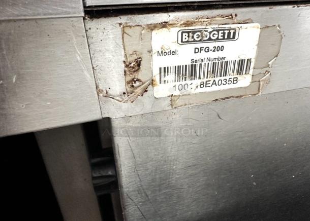 Blodgett DFG-200 gas convection oven label, excellent condition, fully tested, double stack model, serial number visible.