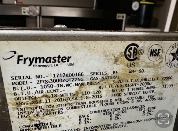 Frymaster 2FQG30UQZQTTZZNG tag showing model, serial number 1712KD0166, and natural gas compatibility.