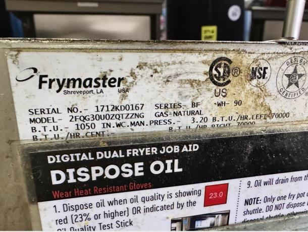 Frymaster 2FQG30UQZQTTZZNG gas fryer, excellent condition, natural gas, fully tested. Model and serial numbers visible.