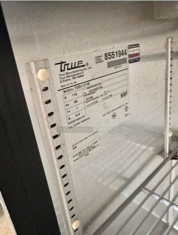 True TSSU-27-08 one-door sandwich/salad prep table, excellent condition, 27" width, model label visible, 115V.
